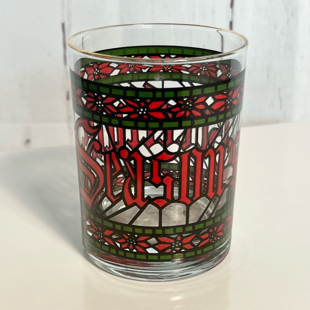 Vintage Houze Glass "Season's Greetings" Stained Glass Christmas Lowball